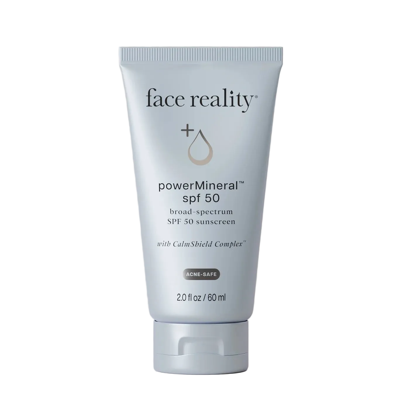 Tube of 'face reality' powerMineral SPF 50 sunscreen on a beige background